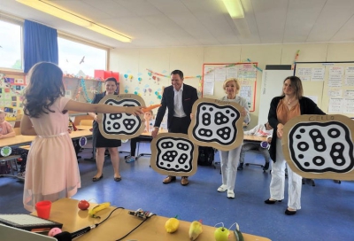 Aktiv werden mit der KinderKulturOffensive 2022: Beim Besuch des Projekttags an der Erich-Kästner-Grundschule musizieren Schul- und Sportreferentin Cornelia Trinkl, Gemeindienstbeauftragter des Rotary Clubs Nürnberg-Neumarkt Mathias Heinke, 2. Bürgermeisterin Prof. Dr. Julia Lehner und Jugendreferentin Elisabeth Ries (von links) innerhalb des Programms von Carsten Galle.