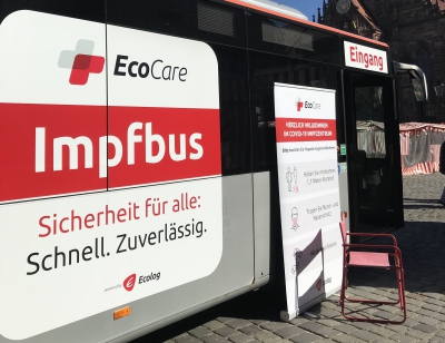 Im Juni 2022 parkt der Impfbus jede Woche jeweils von Dienstag bis Donnerstag auf dem Hauptmarkt.  Bildnachweis:  Stadt Nürnberg / Markus Hack