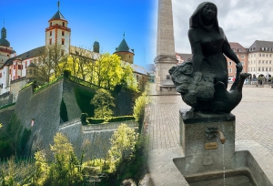 Der Marktbärbelbrunnen am Unteren Markt, einer von sechs Trinkbrunnen im Innenstadtbereich von Würzburg.     Foto: Thomas Behr